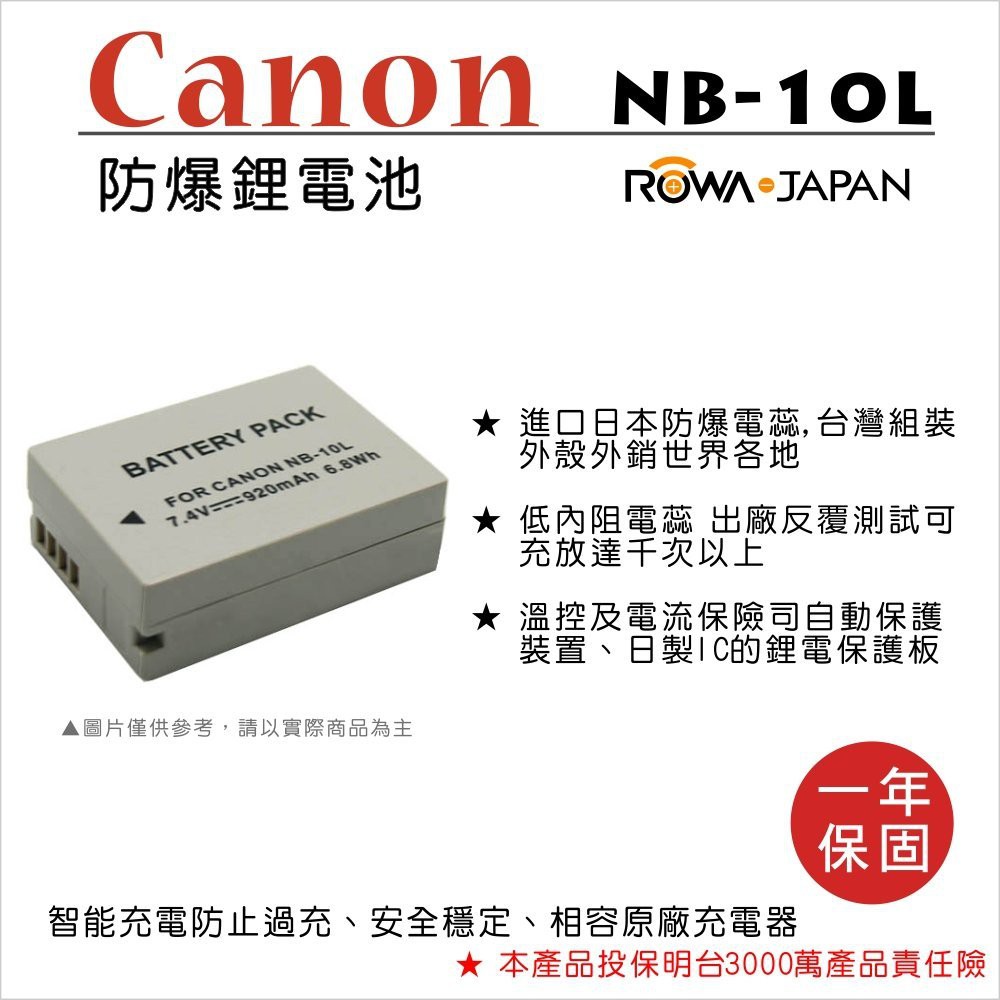 數配樂 ROWA 樂華 CANON NB-10L NB10L 電池 原廠充電器可用 全新 保固一年 相容原廠 防爆電池
