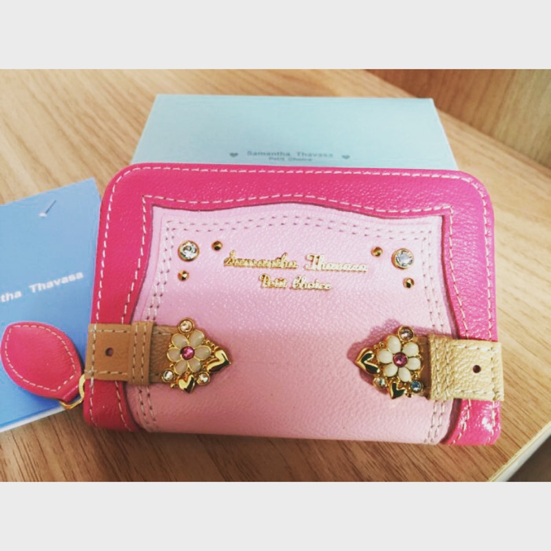 甯@全新真品  Samantha Thavasa 粉紅色 雙色拉鍊短夾 零錢包 ～牛皮製～附禮盒、提袋、保卡~日本購入