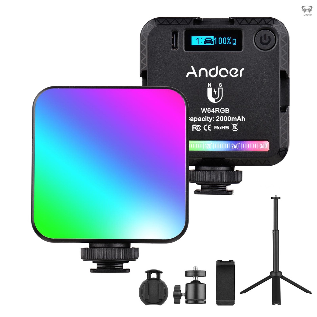 Andoer W64RGB 迷你LED攝影補光燈套裝 2500K-9000K 亮度可調 磁吸背面（內置鋰電池）配桌面三腳