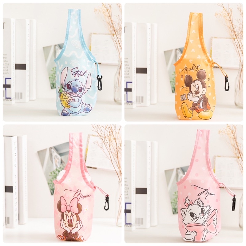 正版授權 米奇 米妮 史迪奇 瑪莉貓 瑪麗貓 折疊 收納 掛勾 水壺袋 水壺套 飲料袋 飲料套 提袋 手提袋 購物袋