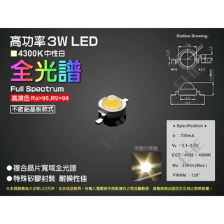 EHE】高功率3W寬域全光譜4300K中性白LED顆粒【不含鋁基】3H0F4。Ra95以上趨近自然光，適攝影寫真照明光源