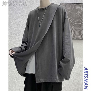 ins熱門秋季長袖男t恤潮牌寬鬆韓版素色開叉上衣學生情侶披風百搭