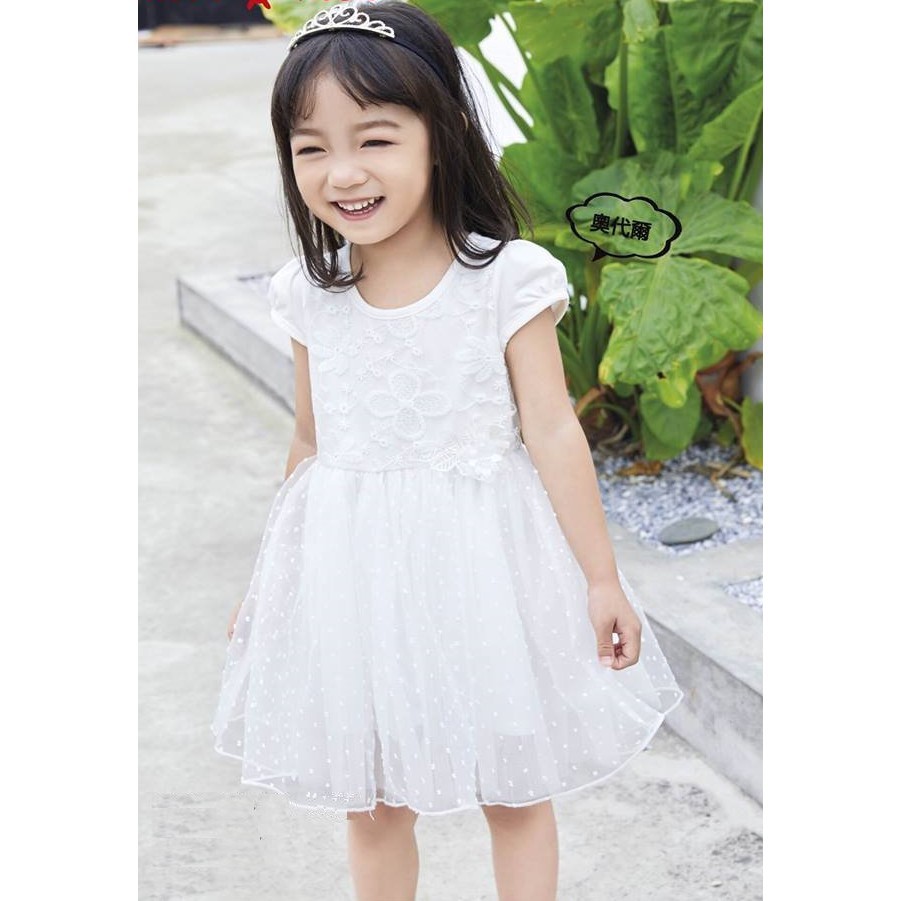 童裝商場* 兒童短袖點點紗裙蕾絲花朵白洋裝女童公主裙紗裙禮服夏季白色洋裝畢業白色洋裝洋裝36518