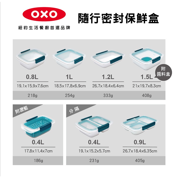新品上市【OXO】隨行密封保鮮盒   1.5L/1L/0.4L(附濾籃)/0.4L(分隔)/0.9L(分隔)/1.2L