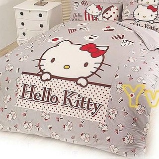 =YvH=雙人涼被 臺灣製造正版授權 KITTY 凱蒂貓 午茶 三麗鷗 *100%精梳純棉* 5x6尺 灰色粉色