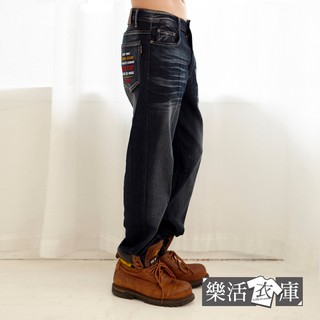 搖滾刺繡刷色伸縮休閒中直筒牛仔褲(深藍) 樂活衣庫【7345】