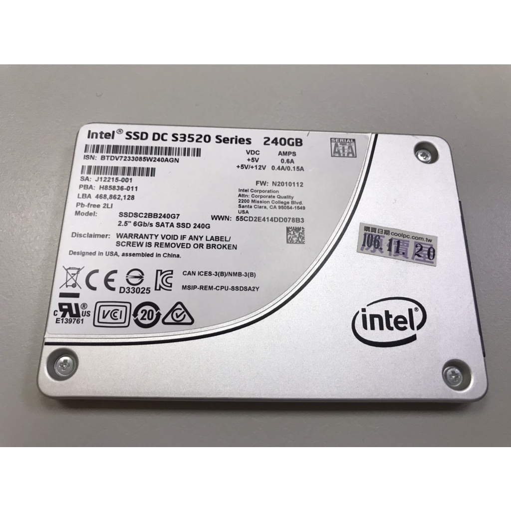 Intel® 企業級 SSD DC S3520 240GB 2.5 吋 MLC 保固2022年9月14日