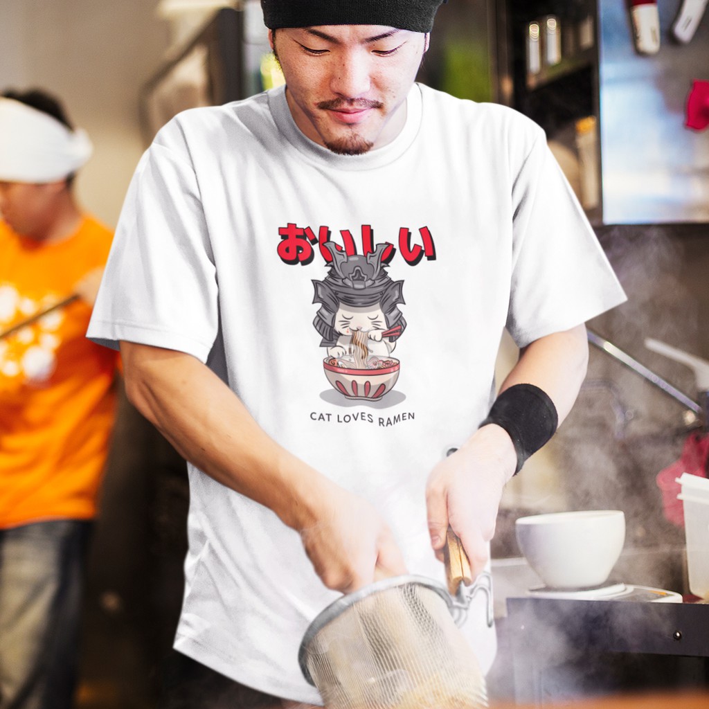 CAT LOVES RAMEN 中性短袖T恤 白色 (現貨)拉麵日本武士東京浮世繪純棉韓版寬鬆情侶潮T貓咪班服團體服活動