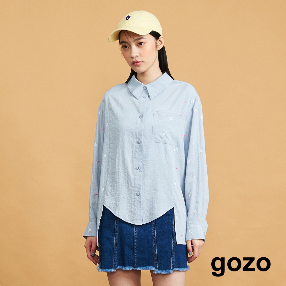 【gozo】恐龍化石繡花襯衫(白色/淺藍_F)｜女裝 顯瘦 休閒