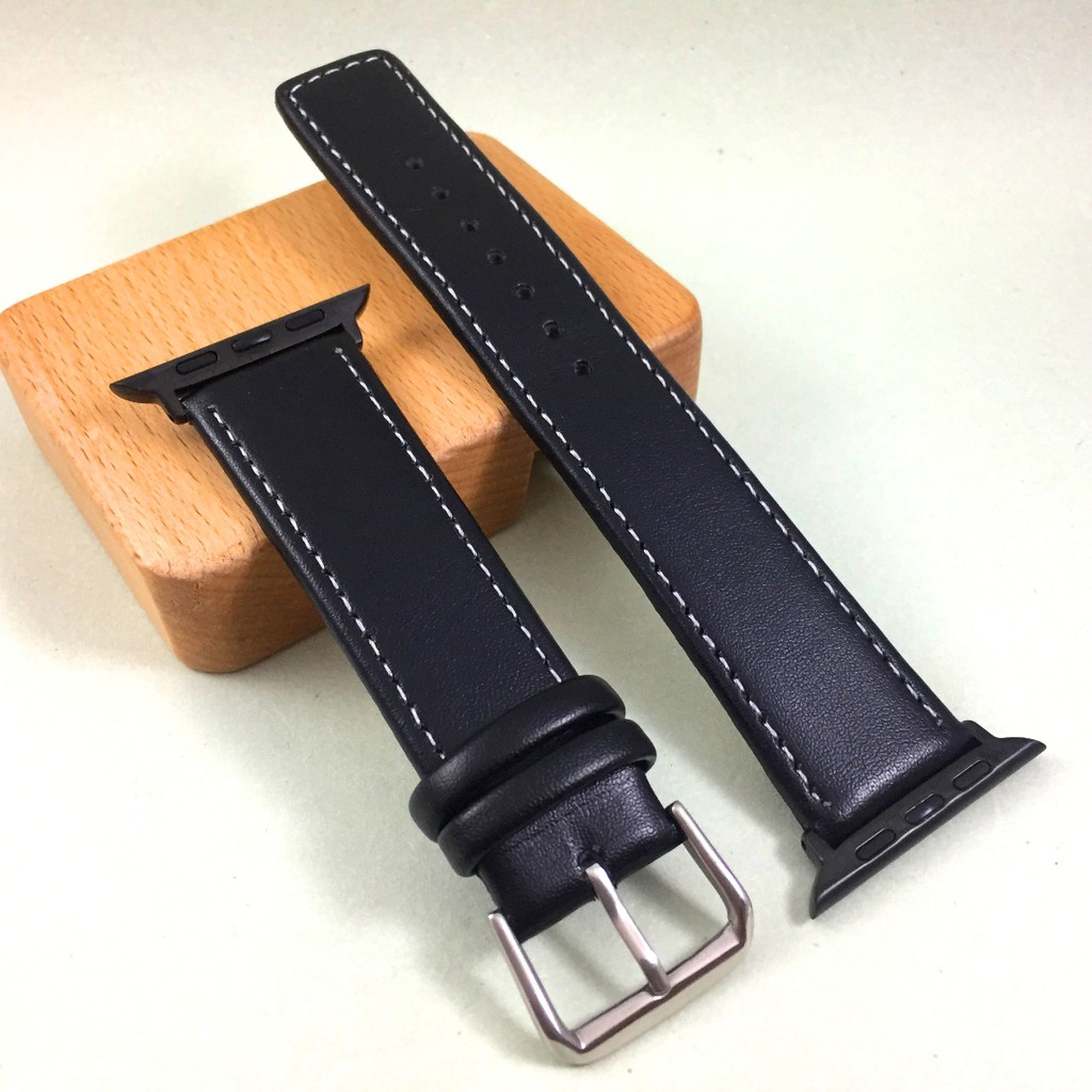 Apple Watch 3代 4代 牛皮 真皮 白車線 錶帶 簡約素面 黑色 38 40 42 44