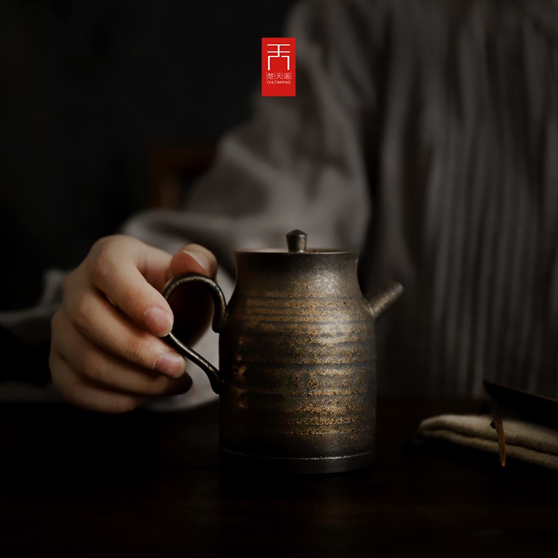 景德鎮純手工粗陶鎏金茶壺 日式窯變金屬釉泡茶壺薄胎灑金釉茶具