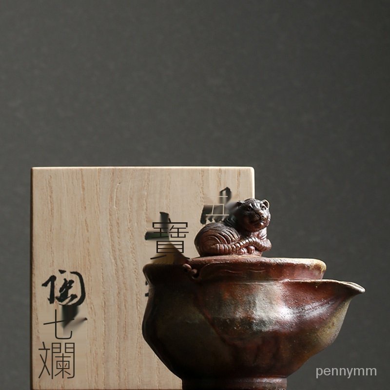 日本進口備前燒名家小西陶古手工老虎摘寶瓶 日式柴燒茶具泡茶壺