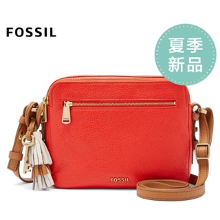 Fossil piper 橘紅色真皮斜背小方包