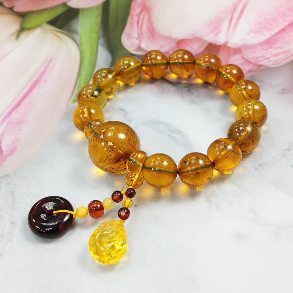 經典款天然多明尼加藍綠琥珀圓珠設計吊飾手鍊 蝦皮購物