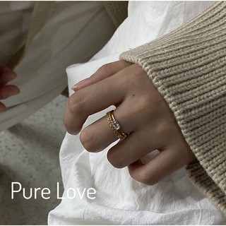 Pure Love樂芙 /purelove正韓 【R0381】韓系簡約S925純銀蕾絲方鑽多層開口戒指 / 金