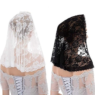 AUTU 蕾絲披肩 Mantilla 天主教面紗輕質流蘇圍巾花卉刺繡