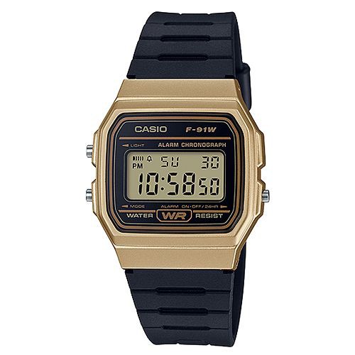 【CASIO】經典金屬色系運動電子腕錶-金框(F-91WM-9A)正版宏崑公司貨