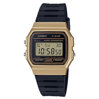 【CASIO】經典金屬色系運動電子腕錶-金框(F-91WM-9A)正版宏崑公司貨