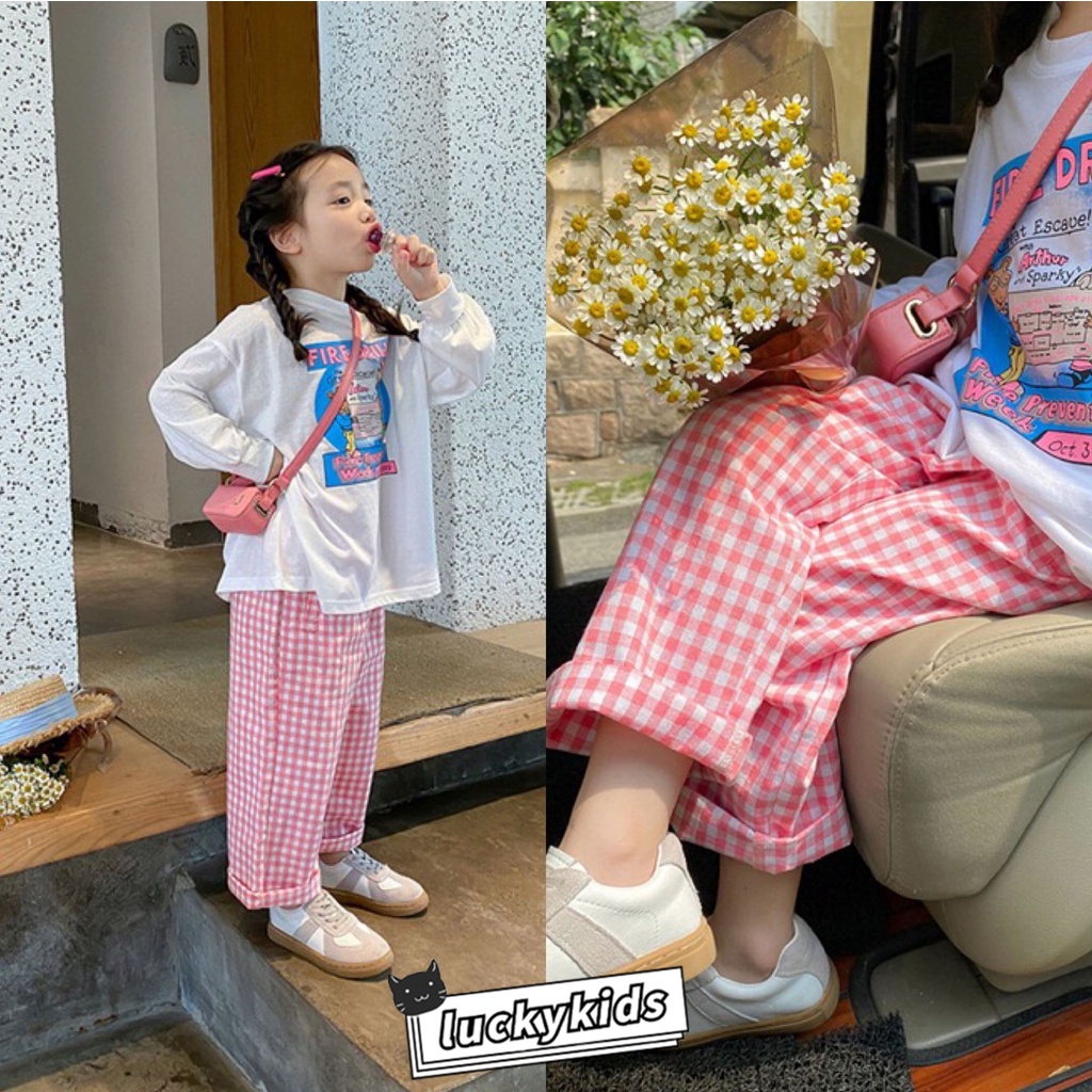 韓版兒童女童卡通印花長袖t恤粉色格子褲時尚秋季女寶寶衣服