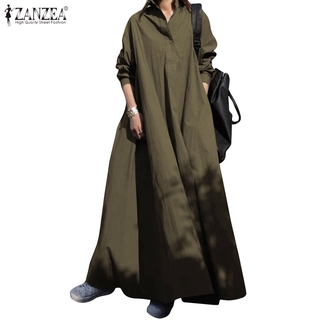 ZANZEA女士日常純色寬鬆休閒長袖帶側袋復古大碼洋裝