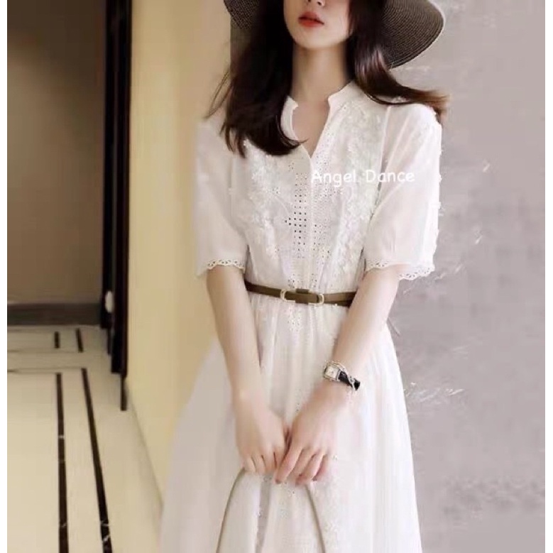 刺繡蕾絲洋裝(白色)@韓國 法式赫本風 甜美氣質 雕花鏤空 V領 小禮服 送腰帶 夏天洋裝 白色洋裝  長洋裝