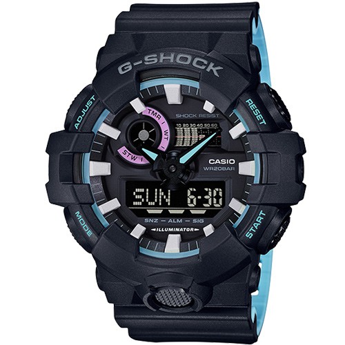 【CASIO】G-SHOCK 大錶面雙重混搭休閒錶-黑X霓虹藍 (GA-700PC-1A)正版宏崑公司貨