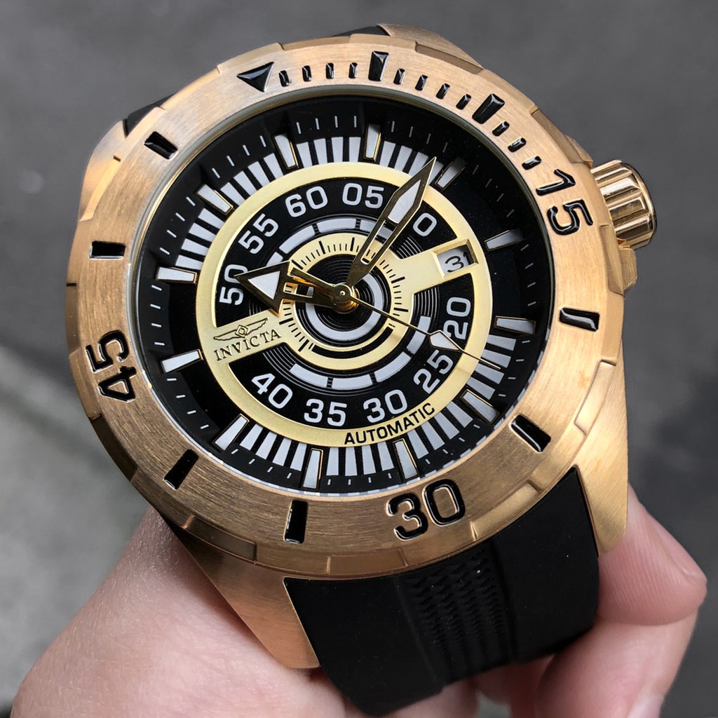全新現貨出清價 INVICTA 25771 手錶 48mm 機械錶 黑面盤 金色錶圈 黑色橡膠錶帶 男錶