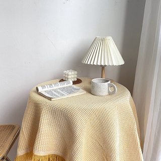 ins 復古 文藝 奶油 黃 餐桌布 裝飾 咖啡廳 軟裝 法式 流蘇邊 華夫格桌布 復古裝飾