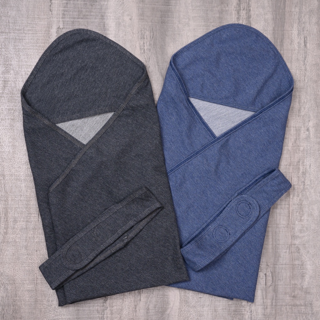 [新品] 極簡風丹寧藍純棉嬰兒連帽包巾附腰帶 台灣手工製造 蓋毯 嬰兒被 包被 針織彈性布料