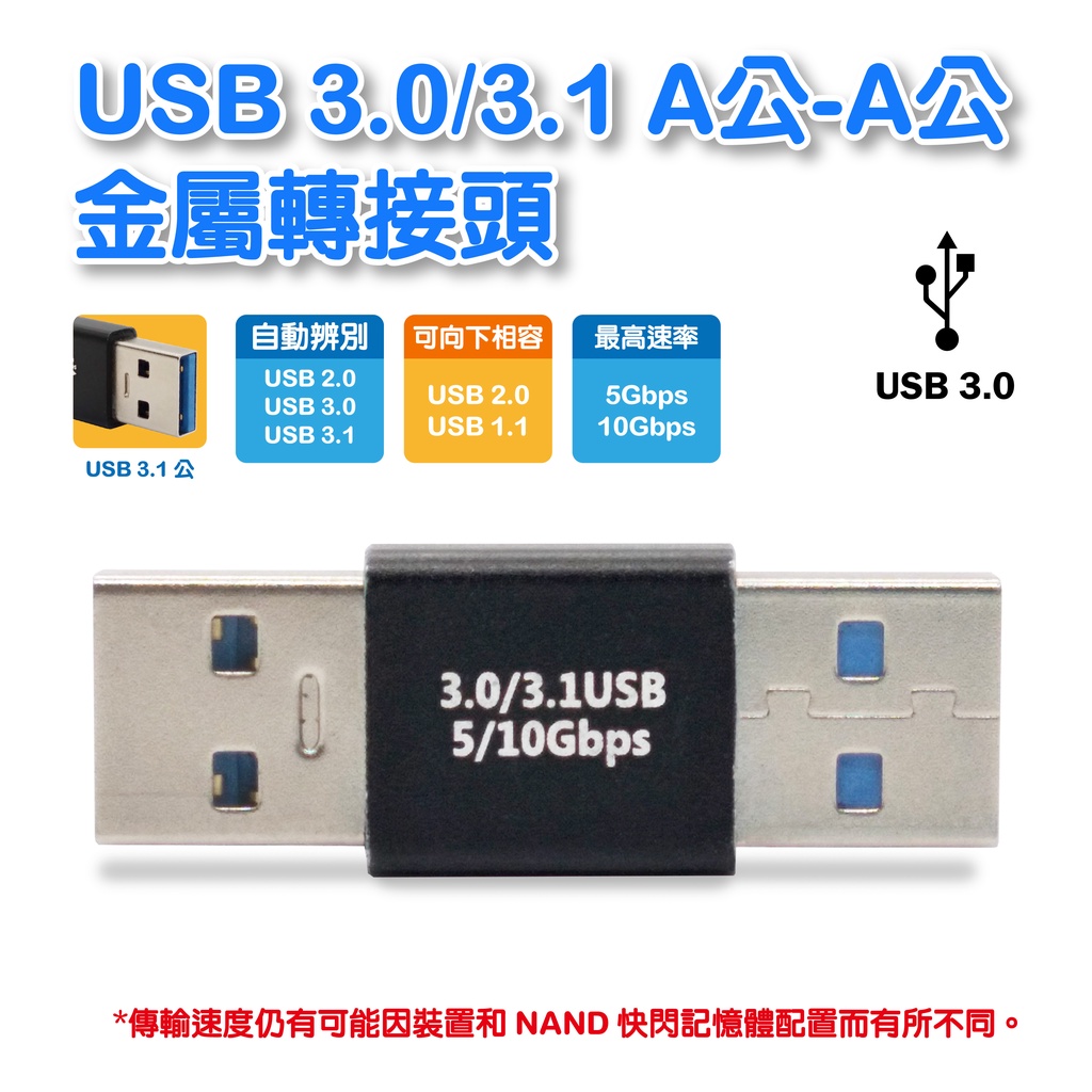 USB3.0/3.1  A公-A公 Gen2 10Gps 傳輸充電 合金轉接頭(GC-141)