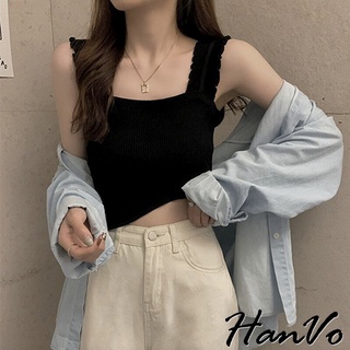 【HanVo】木耳肩帶短版針織背心 韓系休閒百搭圓領合身針織背心上衣 韓系女裝 女生衣著 1347
