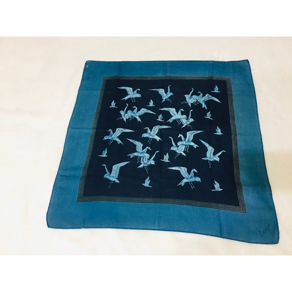 （二手）KENZO 日本製 土耳其藍燕子圖樣大判羊毛絲巾 方巾 披肩