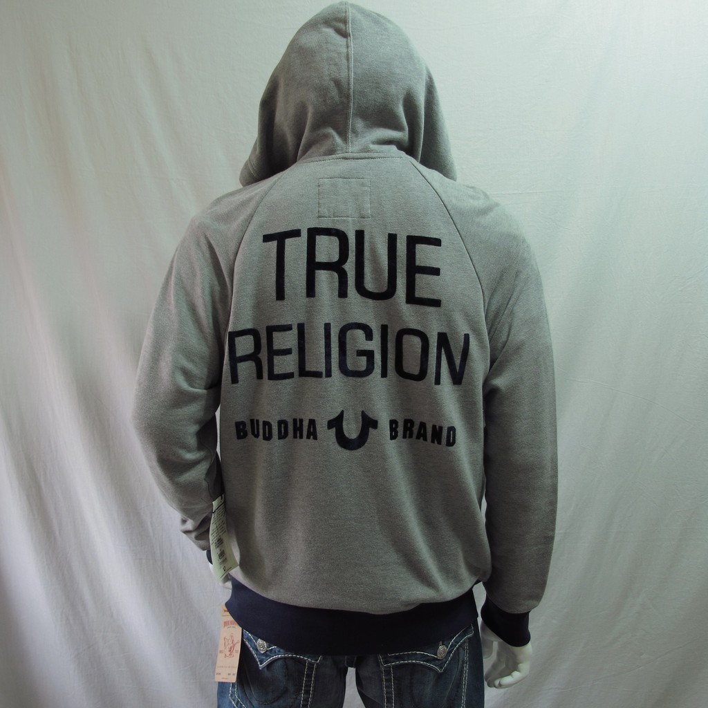 好萊塢明星喜愛的丹寧品牌True Religion 灰色LOGO個性帽子拉鍊外套M號 下殺折扣
