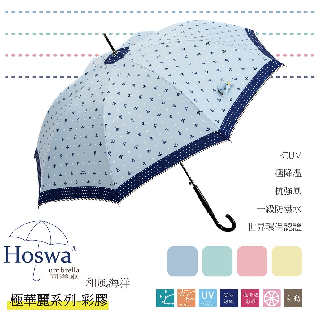 【Hoswa雨洋傘】和風海洋自動直傘 台灣MIT福懋彩膠降溫傘布 全遮光抗UV 台灣品牌文創設計款&lt;日本風現貨水藍色&gt;