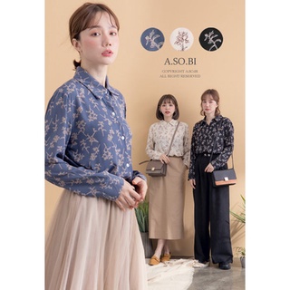 轉賣A-SO-BI~韓系 古著線條花草排釦雪紡襯衫上衣 莫蘭迪 藍色