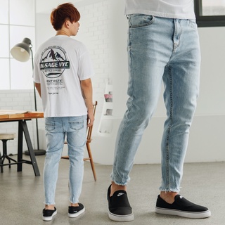 臺灣出貨 男裝【NB1098J】韓國製素面無破褲腳抽鬚合身版彈性牛仔褲