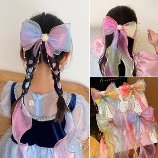 兒童蝴蝶結髮夾女孩漸變蕾絲珍珠鍊網眼公主髮飾