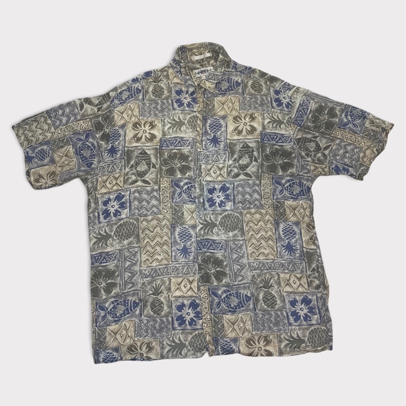 顛復古⚡️韓國製斑駁鳳梨花朵魚拓拼貼古著夏威夷襯衫❤️男女皆可