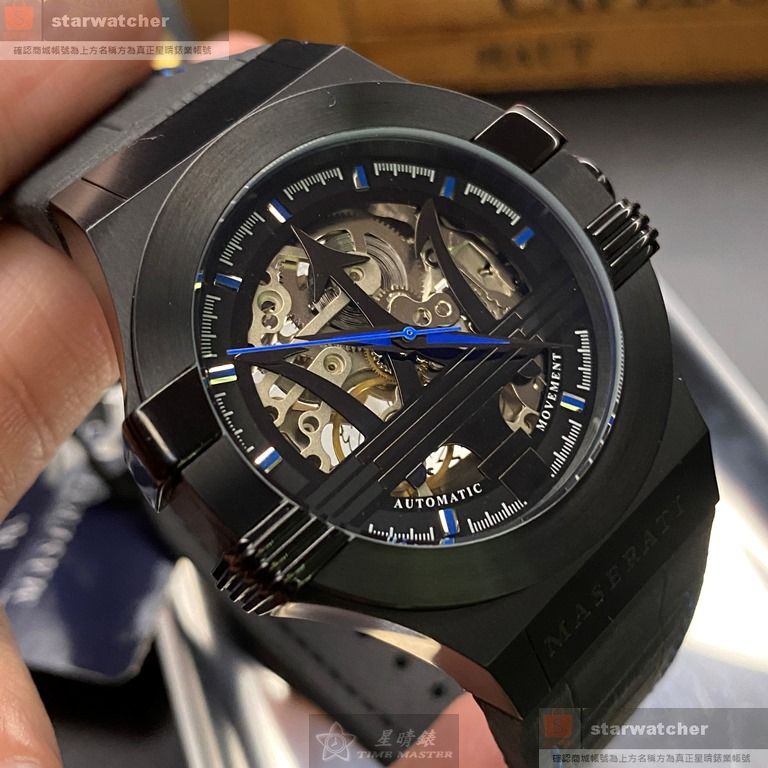 MASERATI手錶,編號R8821108009,全球限量1000支，42mm黑六角形黑色鏤空錶面,深黑色真皮皮革錶帶款