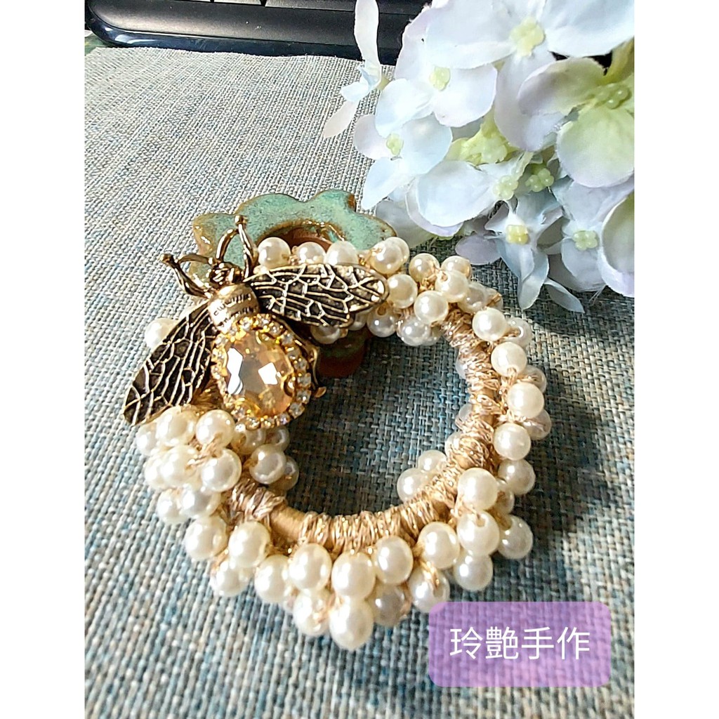 [韓國進口]鋯石金蜜蜂珠串髮圈