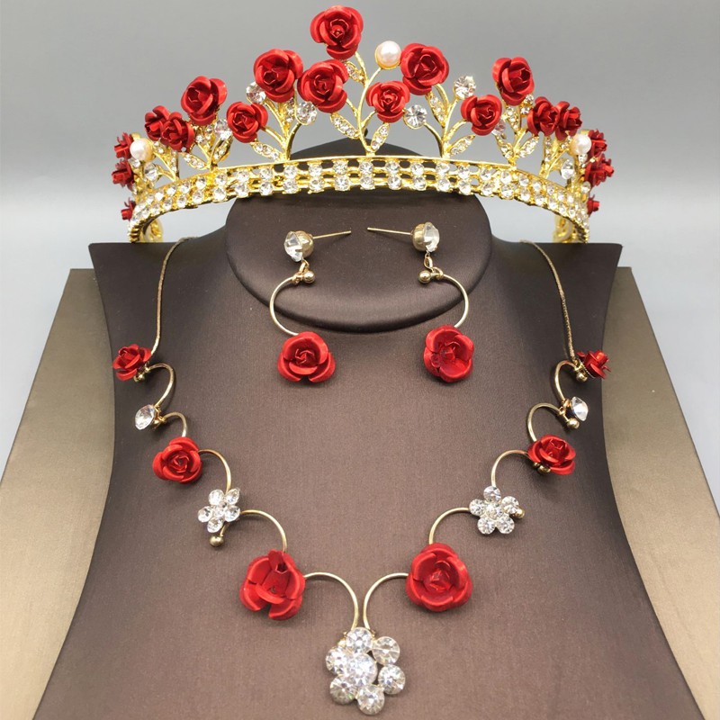 韓式新娘皇冠頭飾演出走秀紅色仿玫瑰花王冠項鏈耳環超仙三件套裝 蝦皮購物