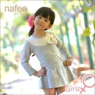 灰白圓領蝴蝶結長袖俏麗純棉小洋裝 台灣製造 nafee精品童裝 春裝 秋裝