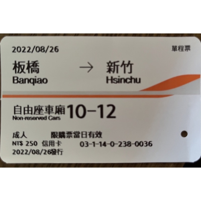 板橋➡️新竹 2022/08/26高鐵自由座票根