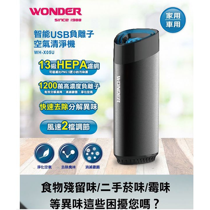 [現貨]WONDER 旺德 智能USB負離子空氣清淨機(WH-X05U)13級HEPA濾網