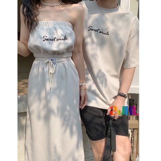 #51398#99 休閒華夫格刺繡情侶套裝 女鬆緊平口背心上衣+鬆緊腰抽繩A字裙 男圓領華夫格紋T恤
