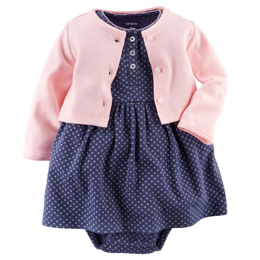 美國Carter's正品 女寶寶藍色小花洋裝+粉紅小外套二件組6M