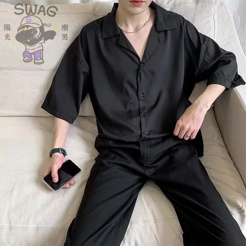 黑色襯衫素色襯衣五分袖韓版襯衫男裝落肩襯衫男黑色襯衫薄襯衫外套襯衫休閒襯衫間約襯衣 蝦皮購物