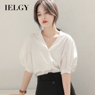 IELGY 女裝法國復古薄 V 領氣質白襯衫