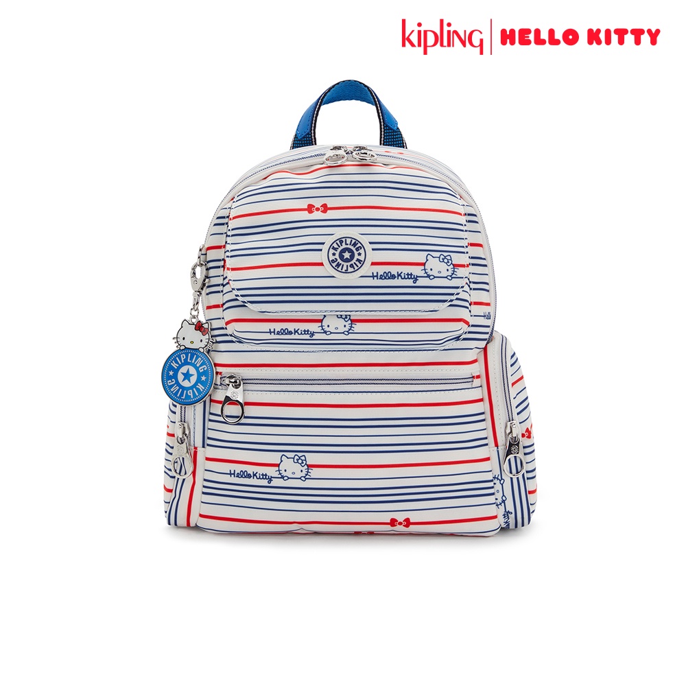 Kipling x HELLO KITTY藍紅日常條紋彩繪多口袋拉鍊後背包-MATTA