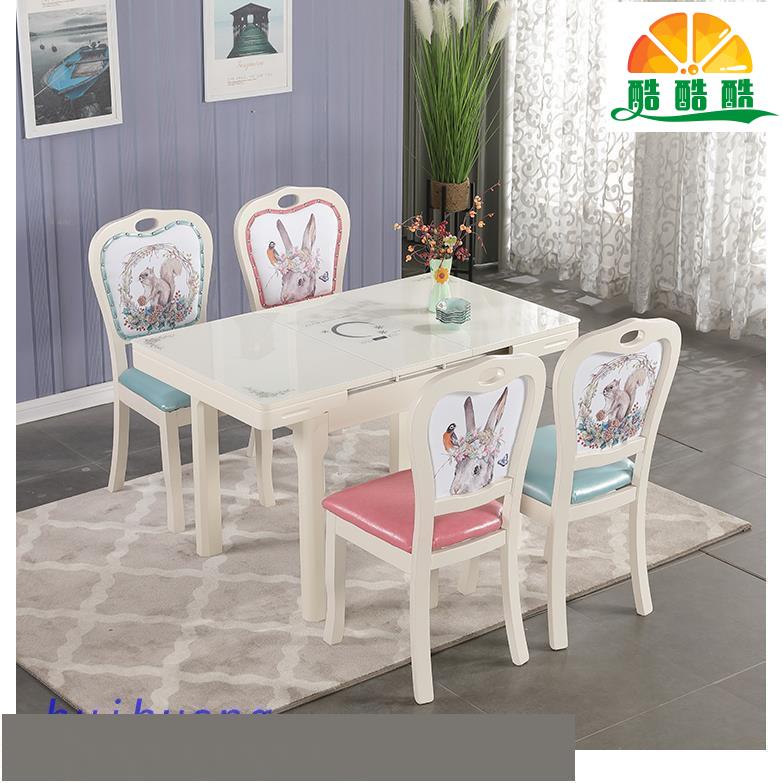酷【】實木折疊可伸縮餐桌椅組合小戶型家用多功能長方形鋼化玻璃飯桌子